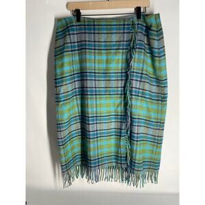 J.Jill Skirt Womens 16W Green Gray Tartan Plaid Wool Blend Faux Wrap with Fringe